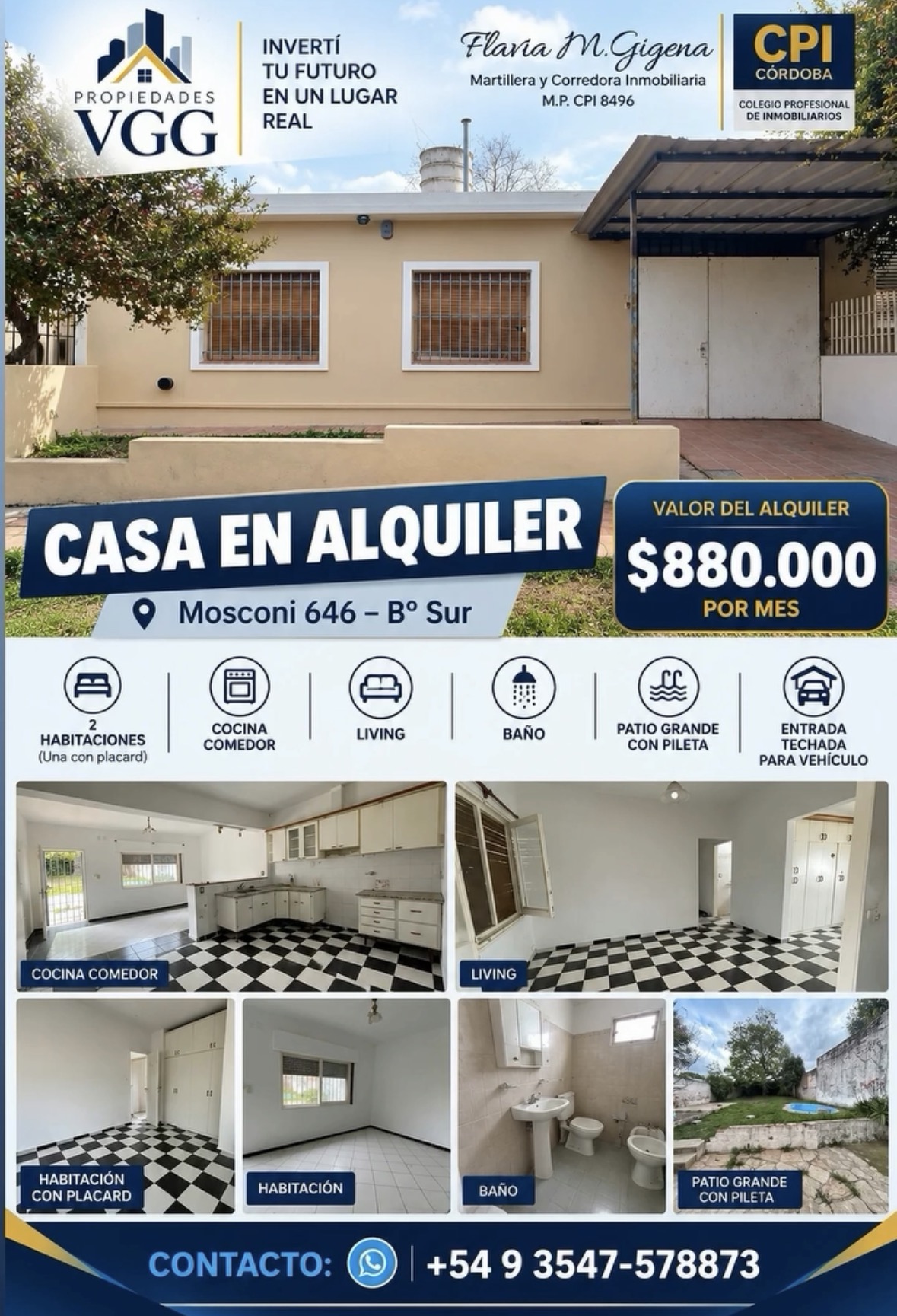 Flyer de Mosconi: alquiler $880.000 por mes